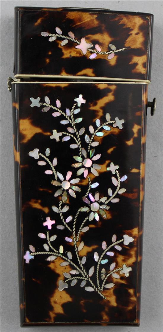 A Victorian tortoiseshell and mother of pearl inlaid etui, 3.5in.